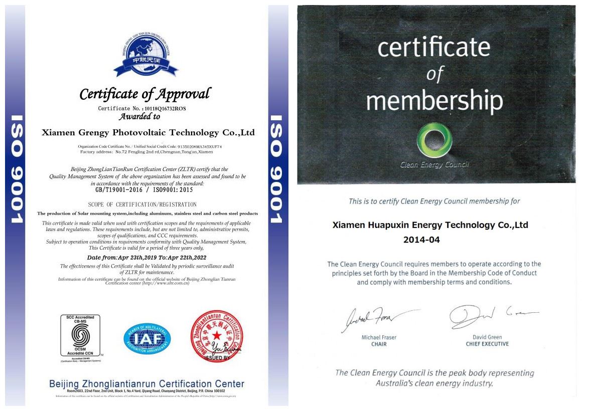 Certificate for solar mounting structures