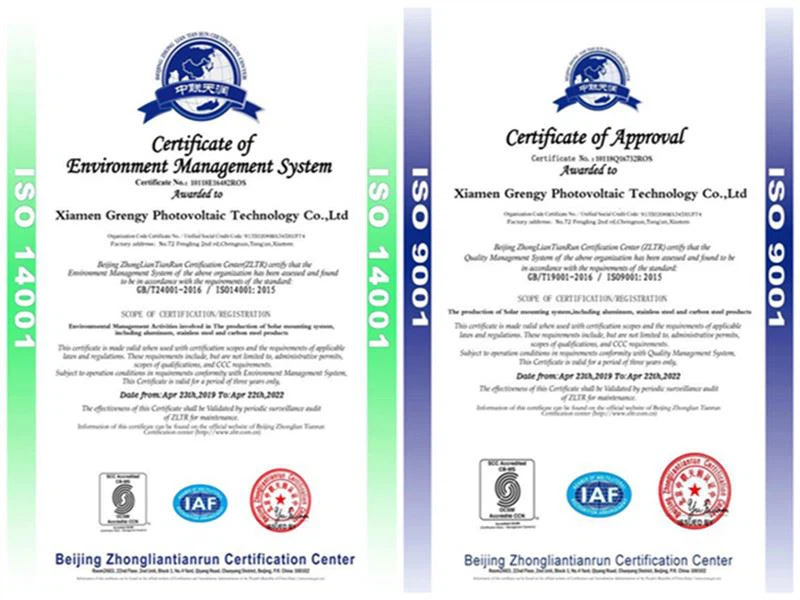 Certificate ISO14001&ISO9 for solar mounting system